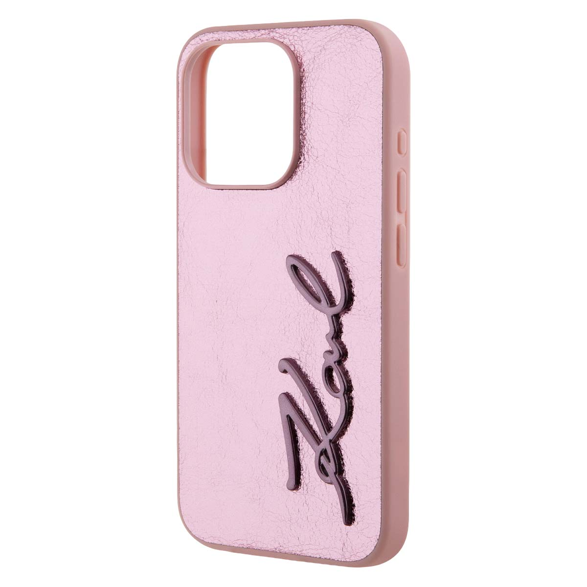 Eine rosafarbene, metallische iPhone-Hülle mit Kameraaussparung und dunkelgrauem Skript-Logo.
