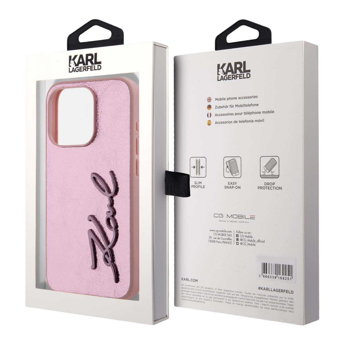 Eine rosafarbene Handyhülle mit Karl Lagerfeld Logo, verpackt in einer Schachtel.