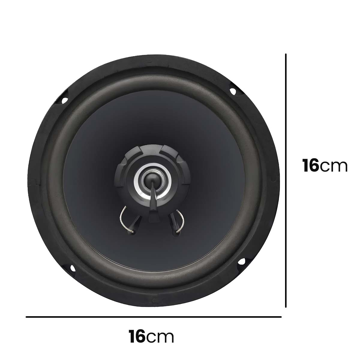 Un haut-parleur noir de 16 cm avec centre argenté et supports.