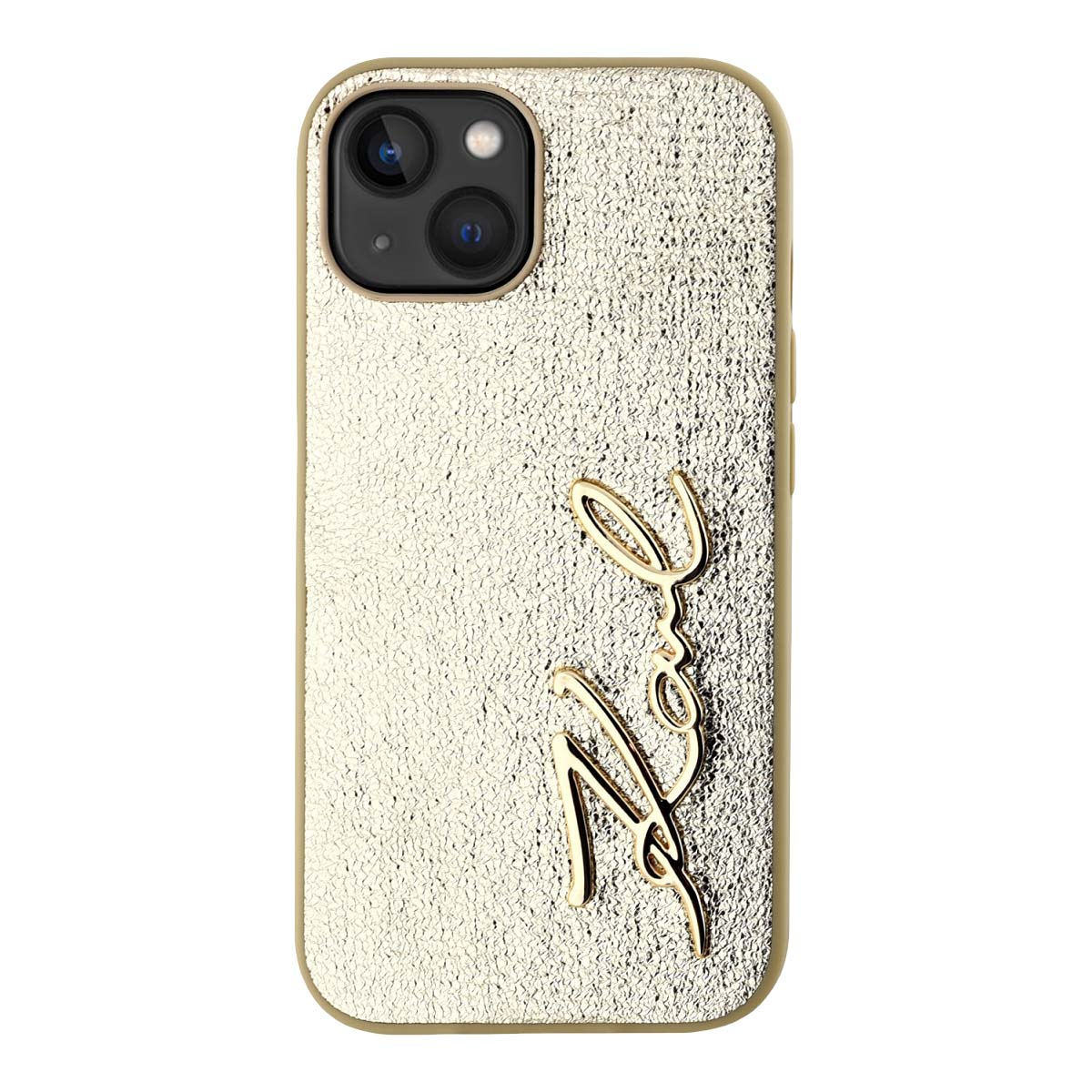Una custodia dorata per iPhone con superficie testurizzata e testo in script dorato.