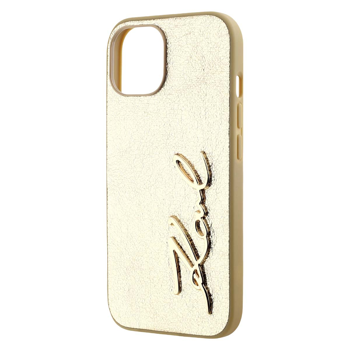 Una custodia dorata testurizzata per iPhone con logo script in rilievo.