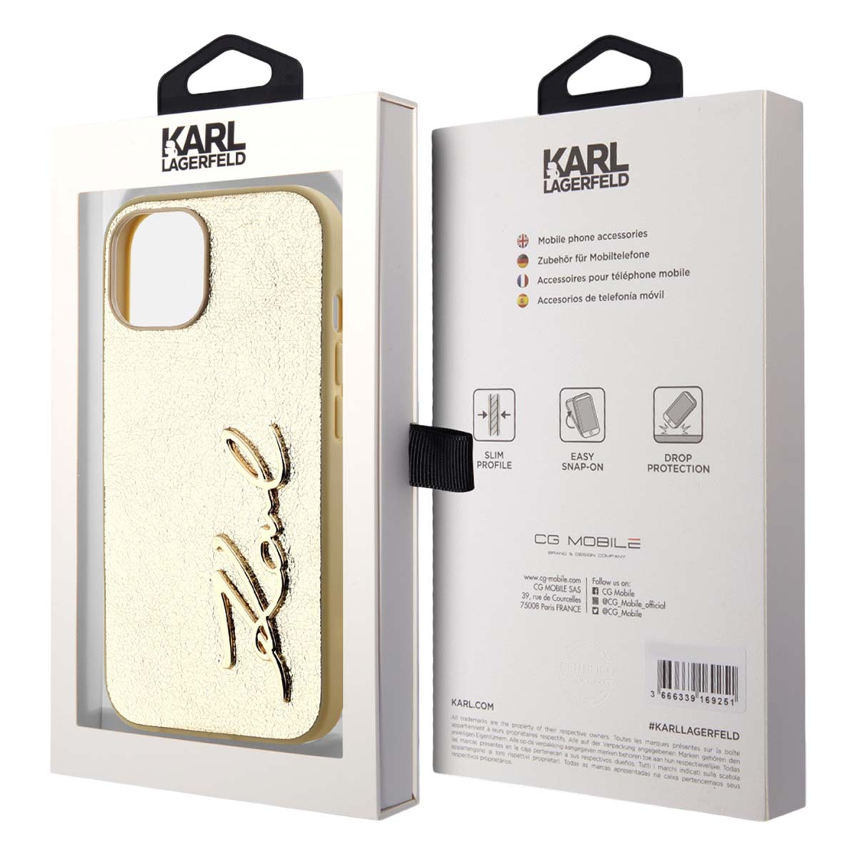 Goldene Handyhülle von Karl Lagerfeld mit Logo, in Verpackung mit Produktinformationen.