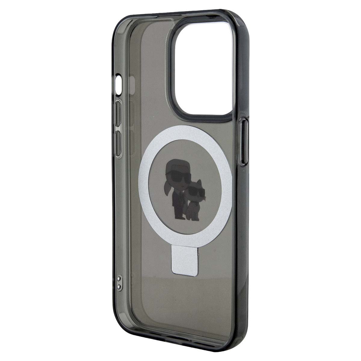 Eine transparente dunkelgraue iPhone-Hülle mit Karl Lagerfeld und Katzenmotiv.