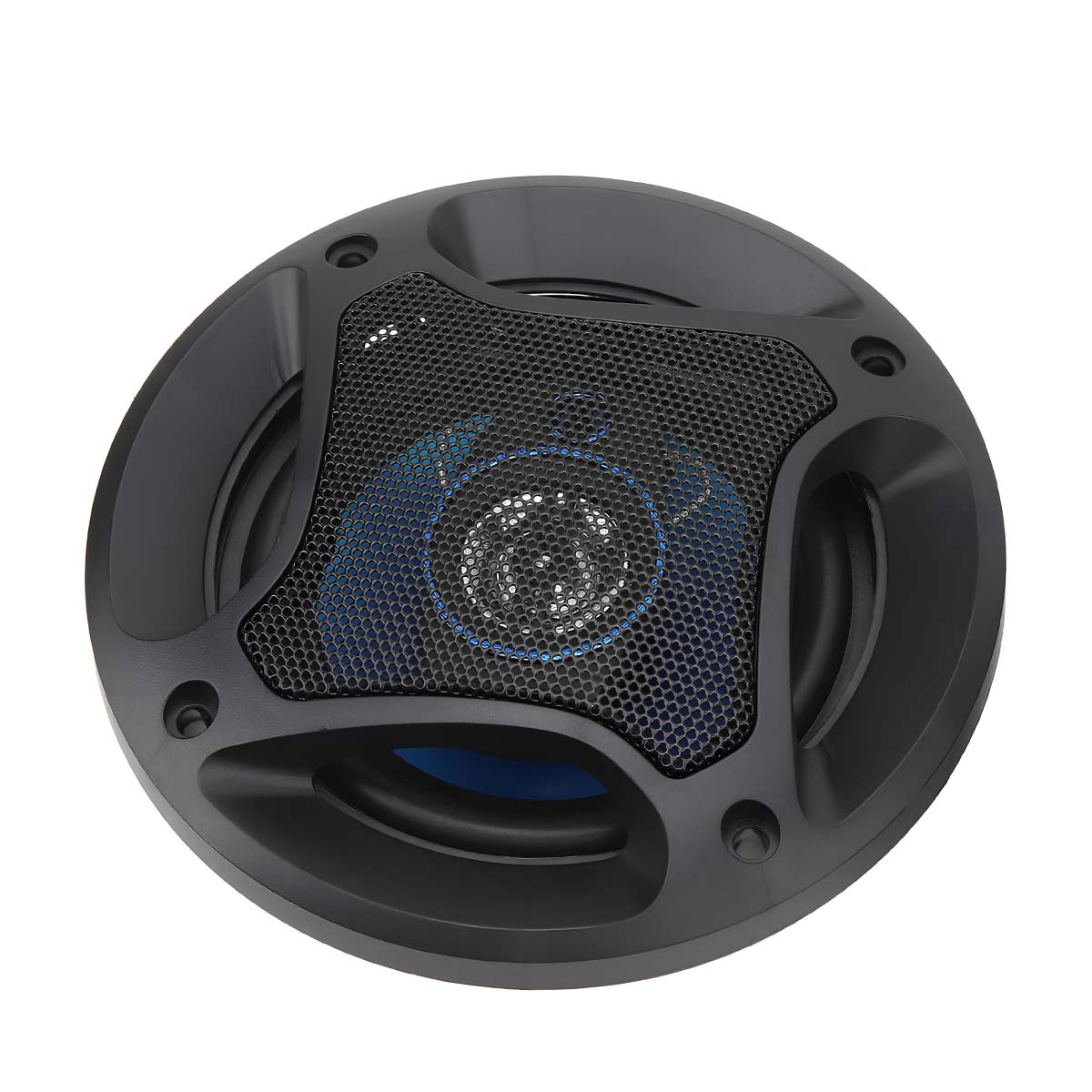 Haut-parleur noir avec accent bleu et cache-grille.