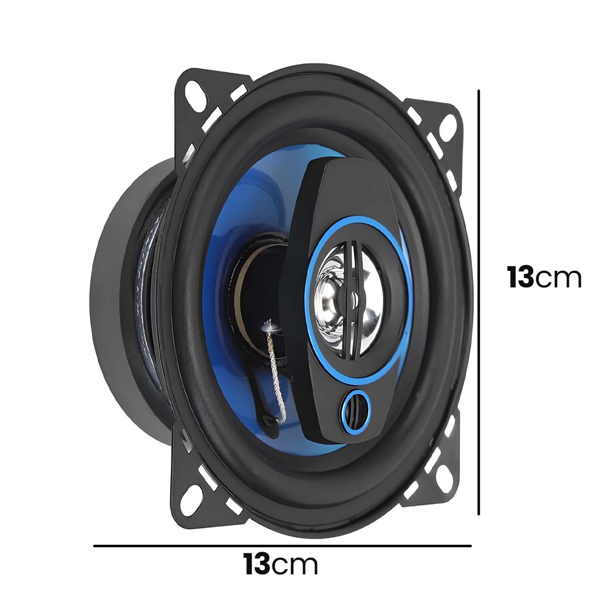 Un haut-parleur de 13cm avec bord noir et cône bleu.