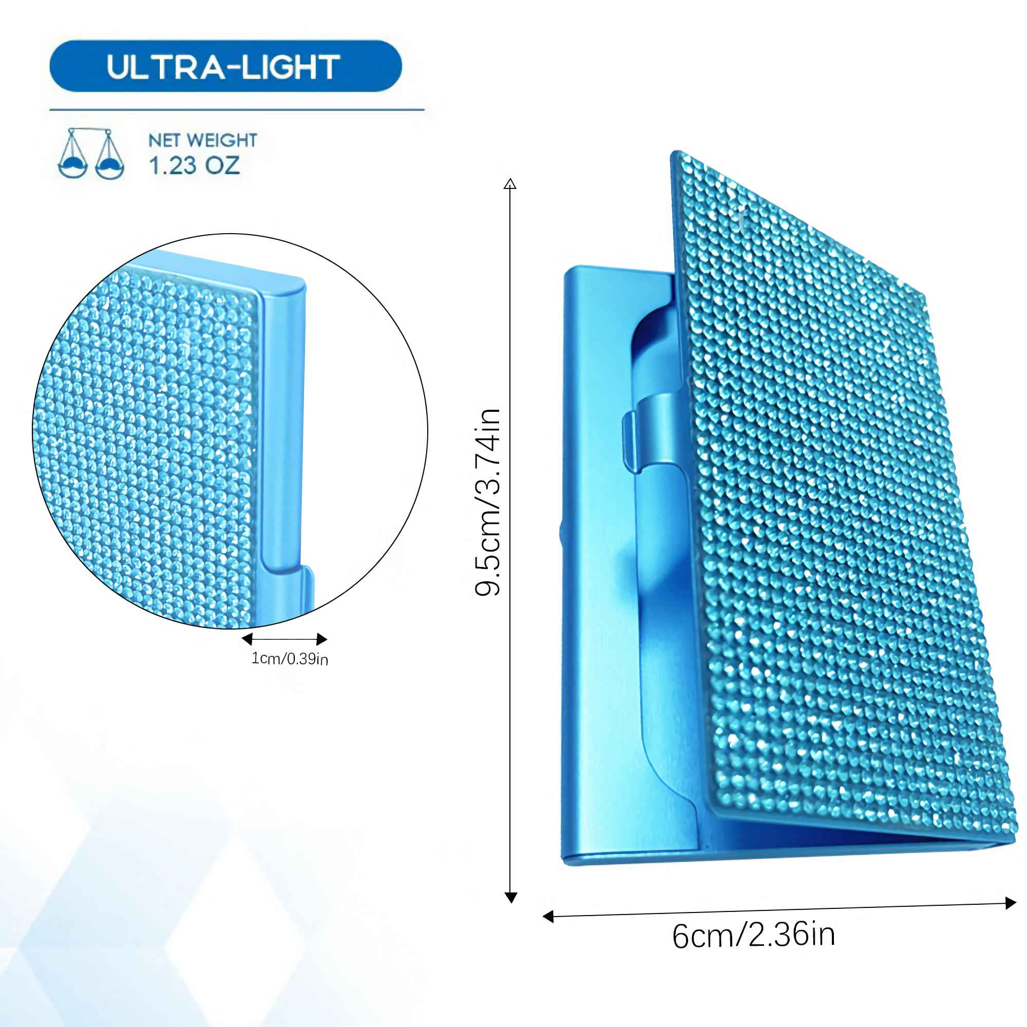 Blauer Handy-Ständer mit Strasssteinen, 9,5 cm hoch, 6 cm breit, 1 cm dick. Ultraleicht.
