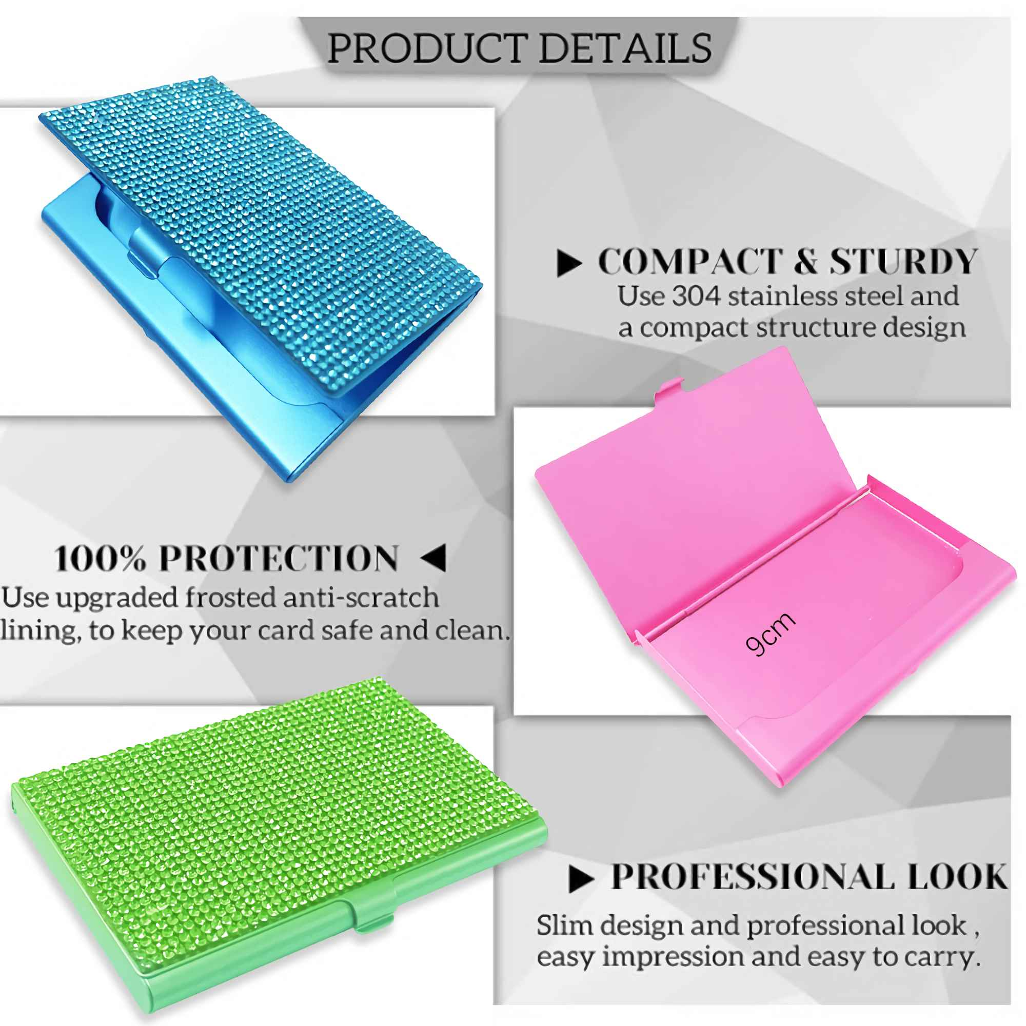 Produktdetails zeigen blaue, pinke und grüne Kartenhalter mit Strassbesatz.