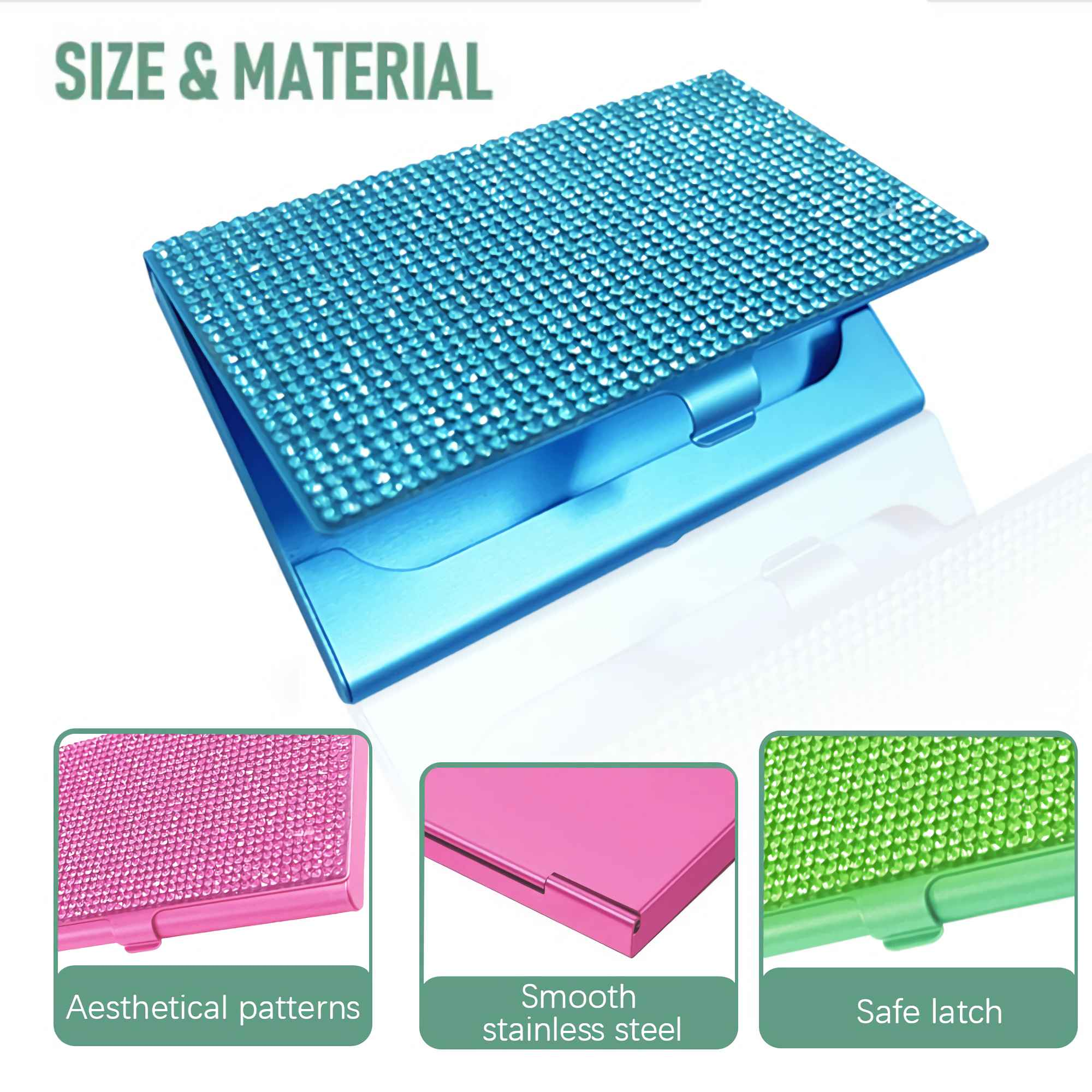 Ein blauer glitzernder Visitenkartenhalter mit drei kleineren Bildern, die pinke, blaue und grüne Details zeigen.