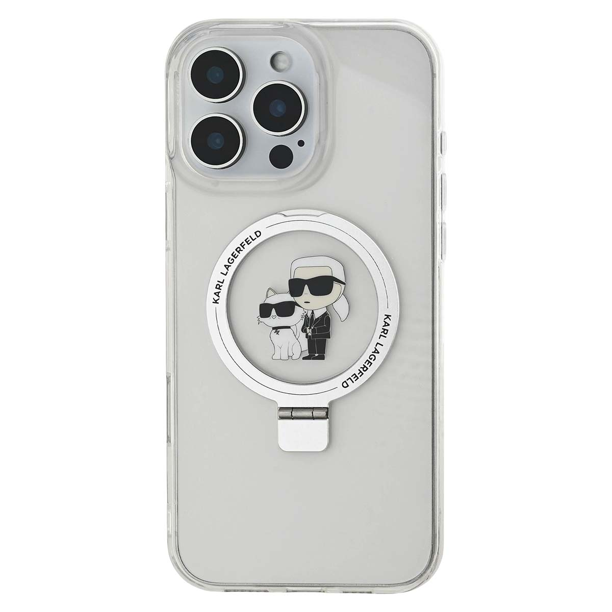 Custodia trasparente per iPhone con gatto Karl Lagerfeld e grafica.