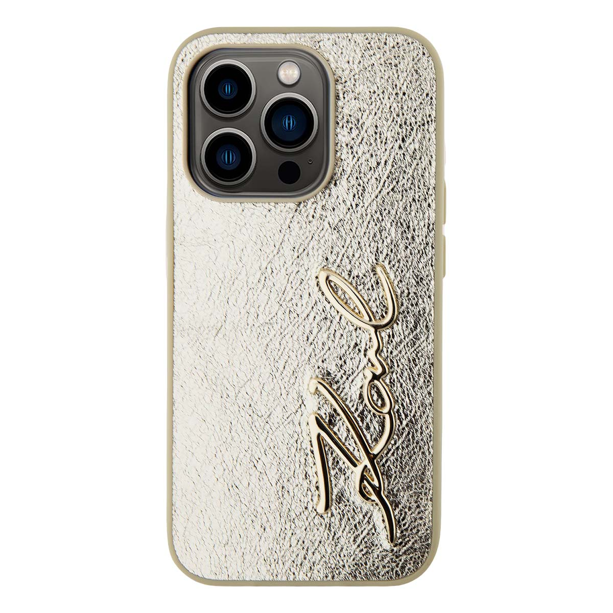 Eine silberne iPhone-Hülle mit strukturierter Oberfläche und goldenem Schriftzug.