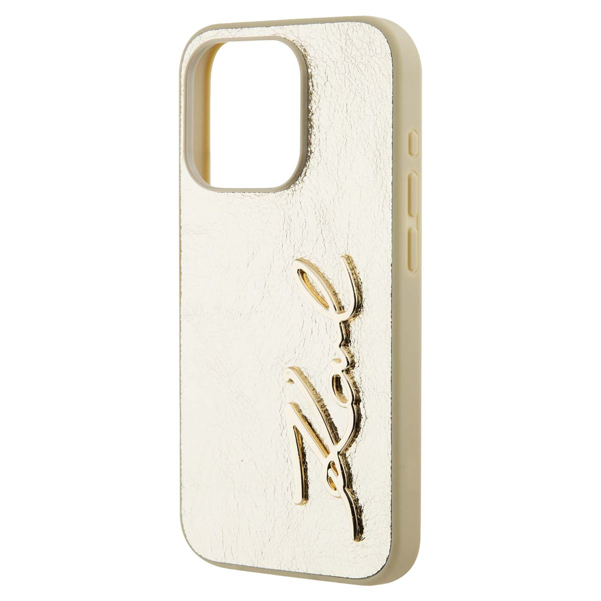 Goldenes Handyhülle mit geprägtem Logo und Kamerahalterung.