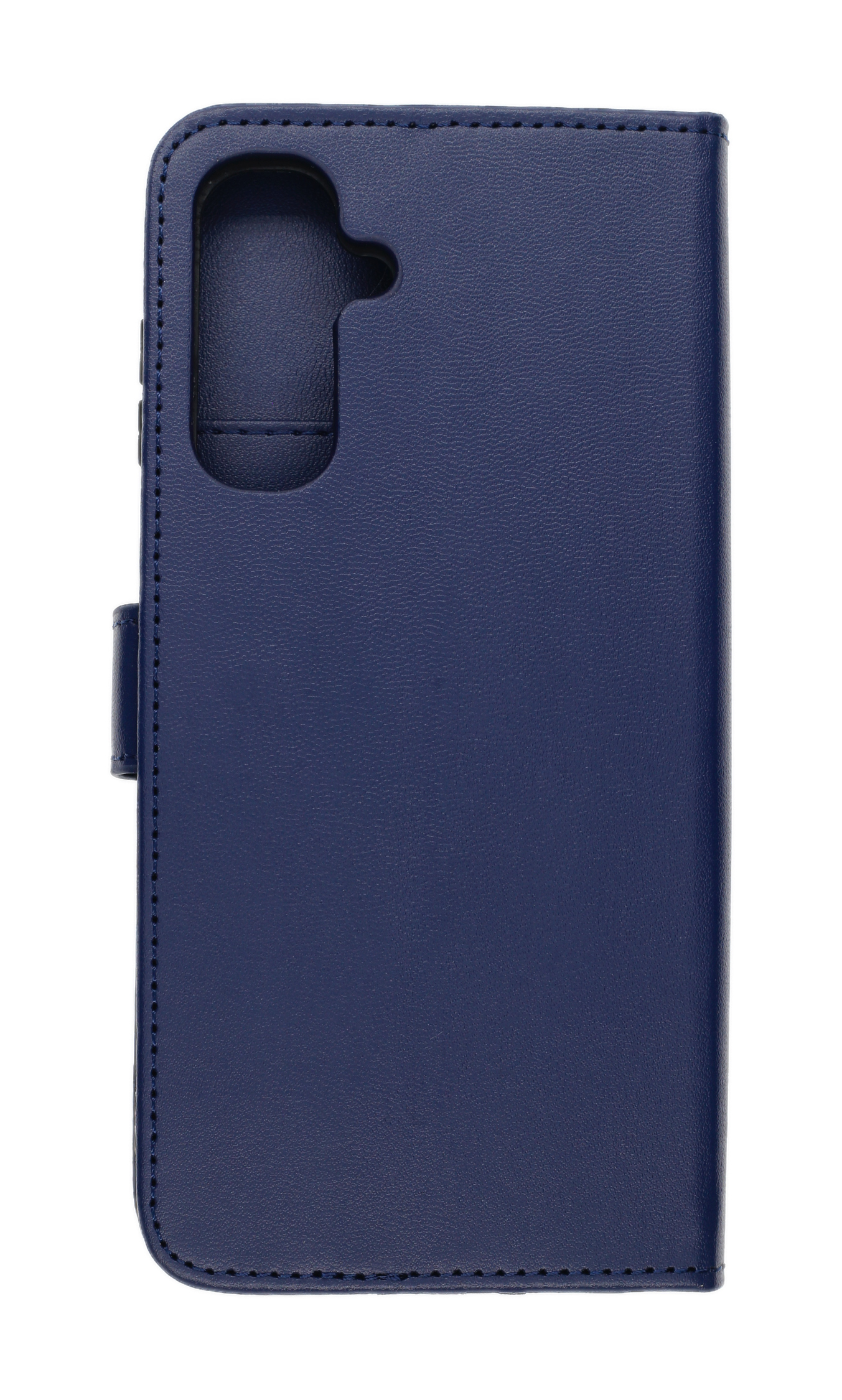 Blaue Leder-Wallet-Hülle für ein Handy mit Kamerausschnitt und Tasten.