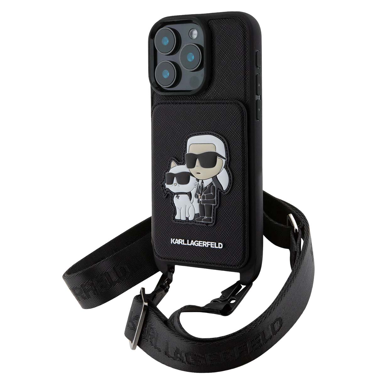 Cover nera per iPhone con design Karl Lagerfeld e Choupette, e tracolla.