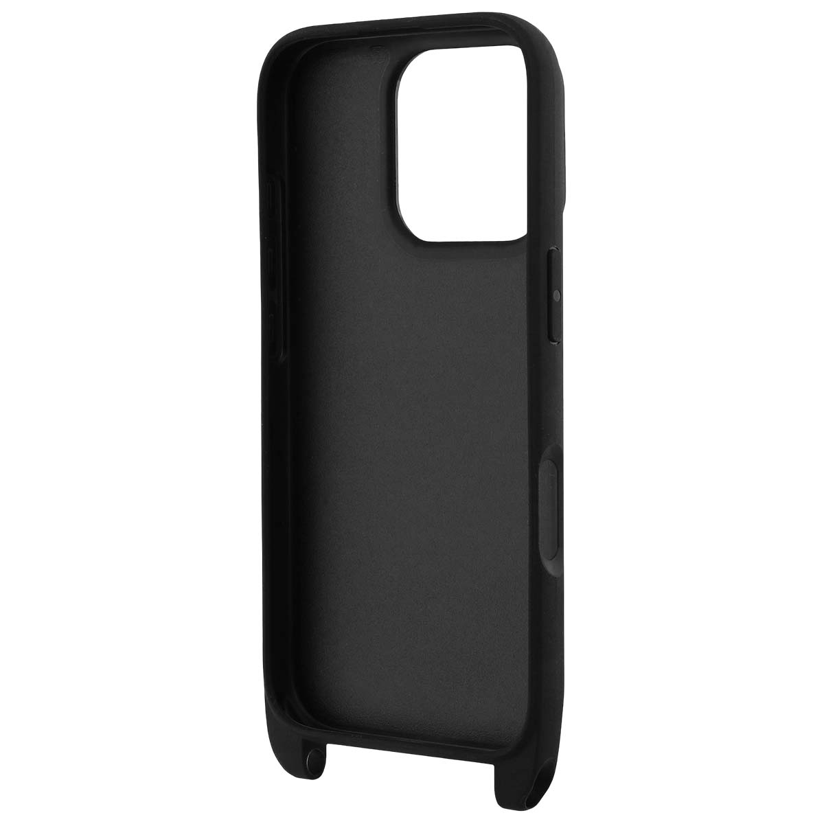 Custodia nera per smartphone, vista dall'interno, con ritaglio fotocamera e pulsanti.
