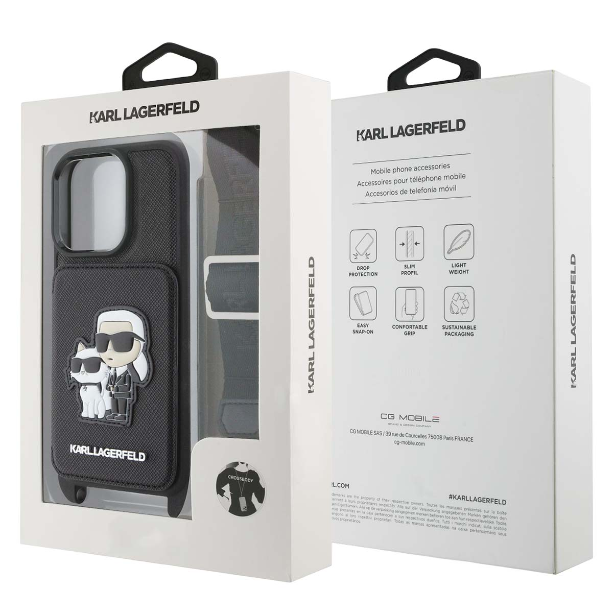 Custodia Karl Lagerfeld con design Karl e Choupette, su scatola espositiva con caratteristiche.