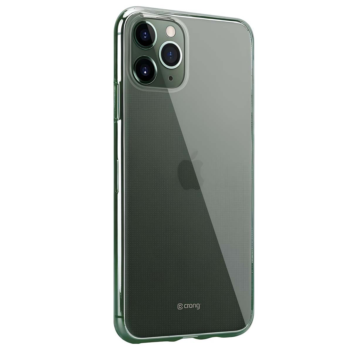 Una cover scura e trasparente per telefono con tre fotocamere e un logo.