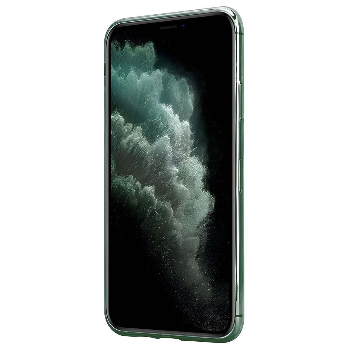 Una custodia per telefono verde con uno sfondo scuro e nuvoloso.