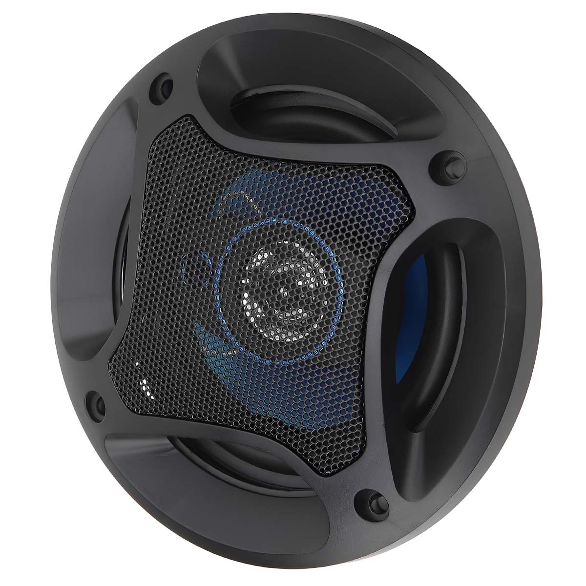 Un haut-parleur rond noir avec une grille noire et des accents bleus.