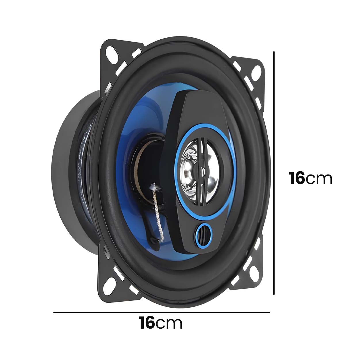 Un haut-parleur de 16cm avec cône bleu et cadre noir.