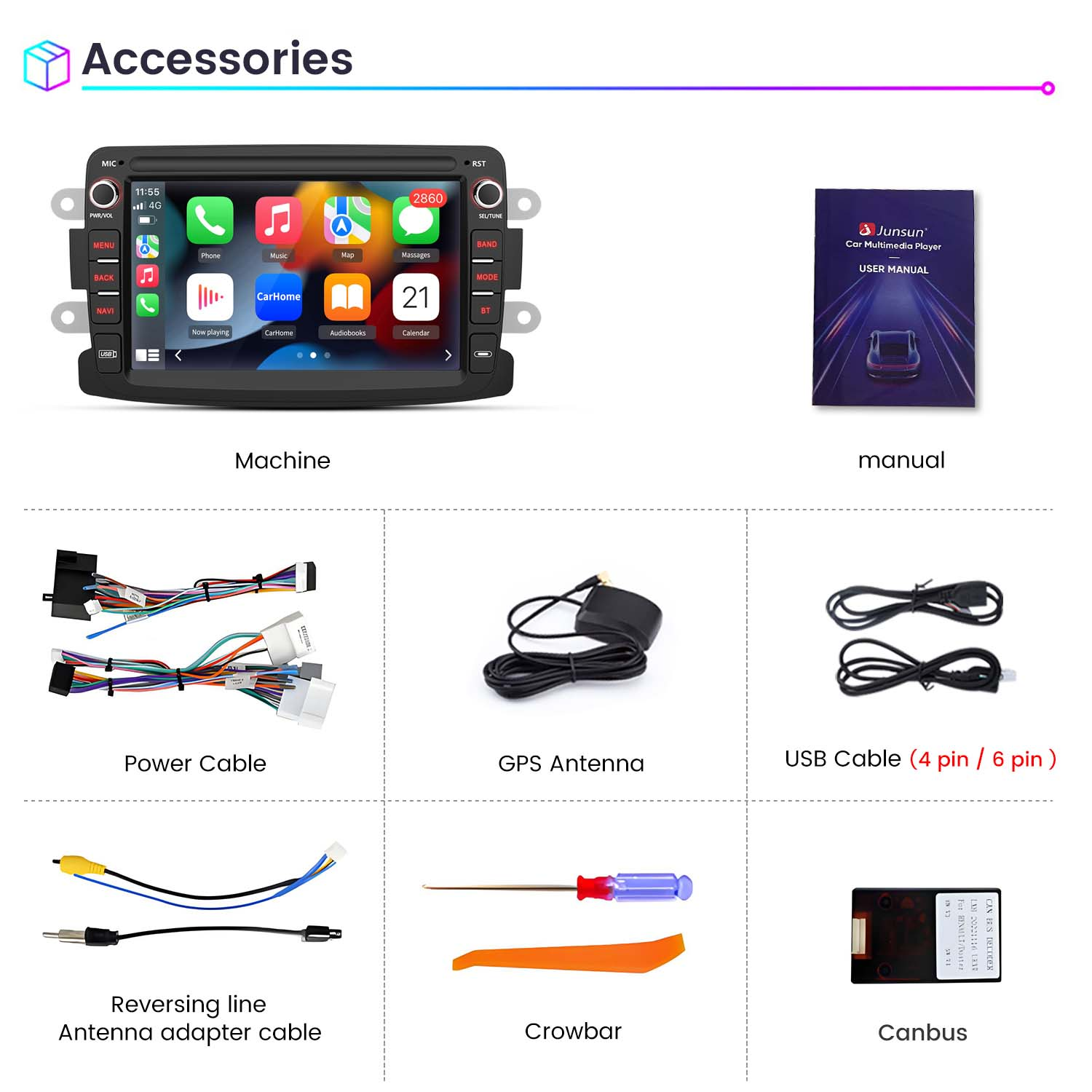 Autozubehör: Maschine, Handbuch, Stromkabel, GPS-Antenne, USB-Kabel, Rückfahrleitung, Brecheisen, Canbus.