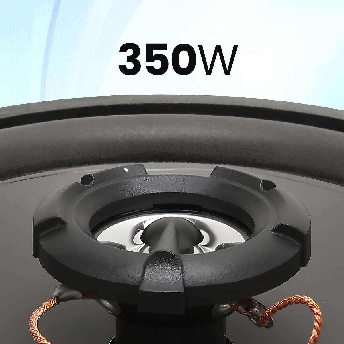 Primo piano di un altoparlante nero con testo "350W". Fili di rame visibili.