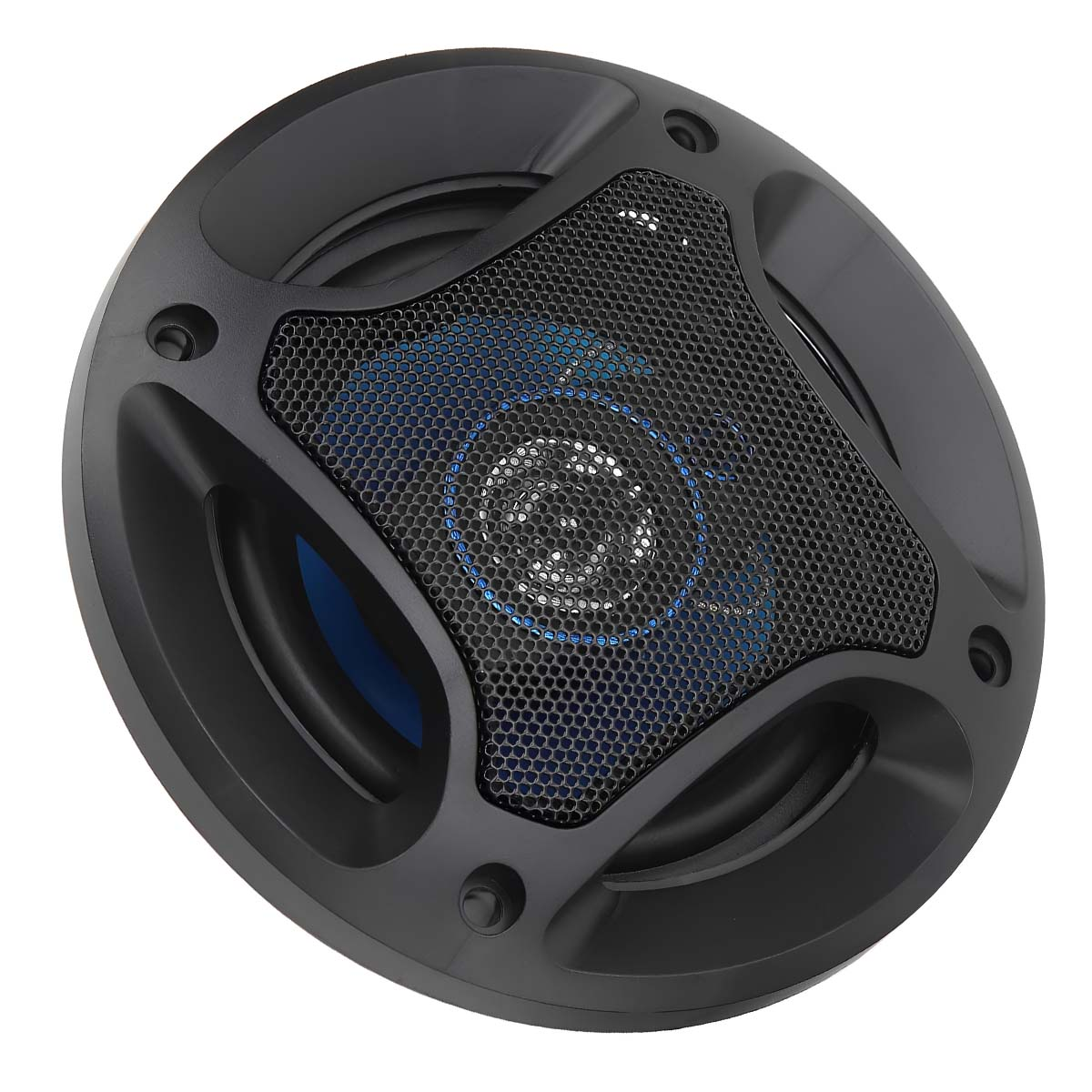 Un haut-parleur rond noir avec une grille en maille noire et des accents bleus.