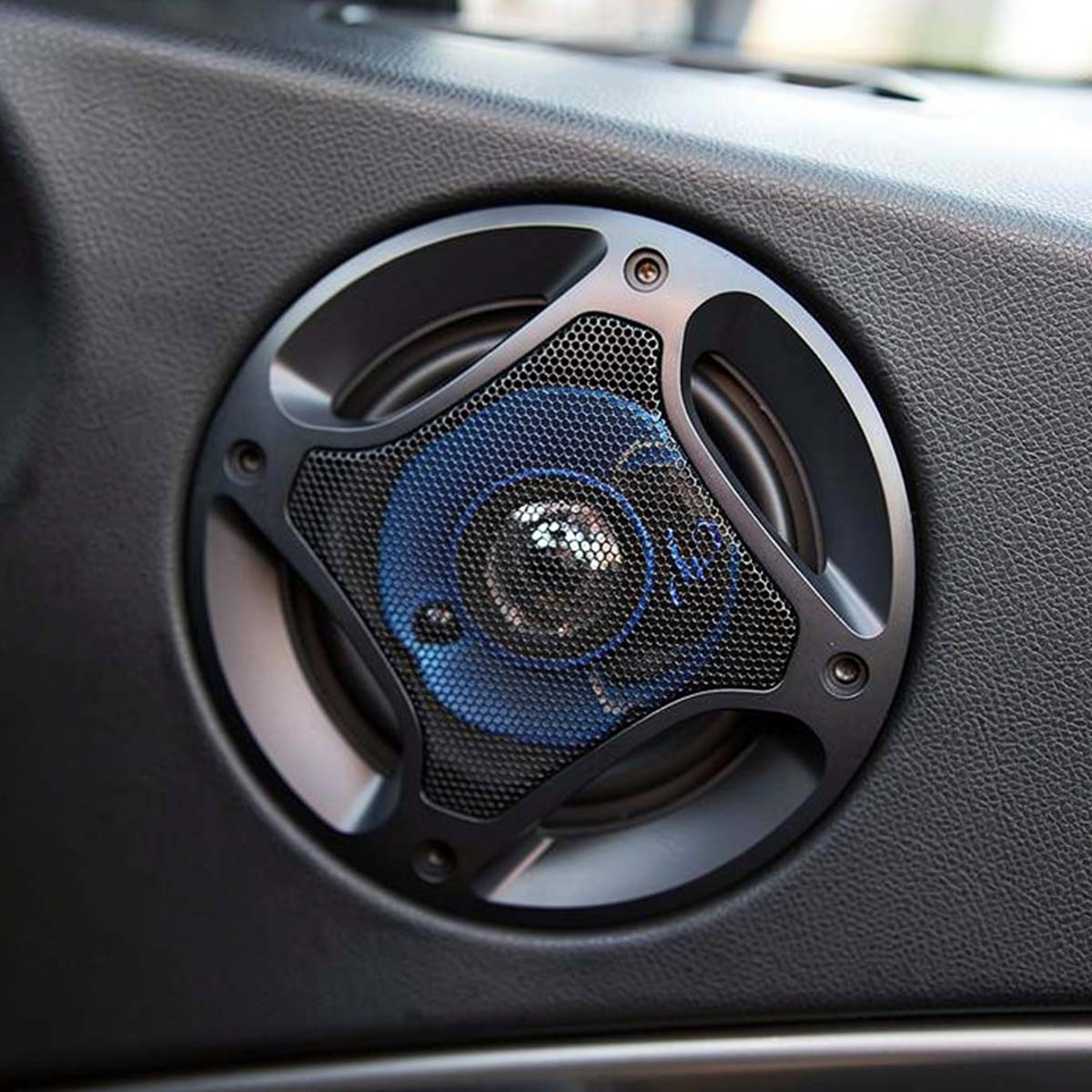Gros plan d'un haut-parleur de portière de voiture avec cône bleu et grille en maille noire.
