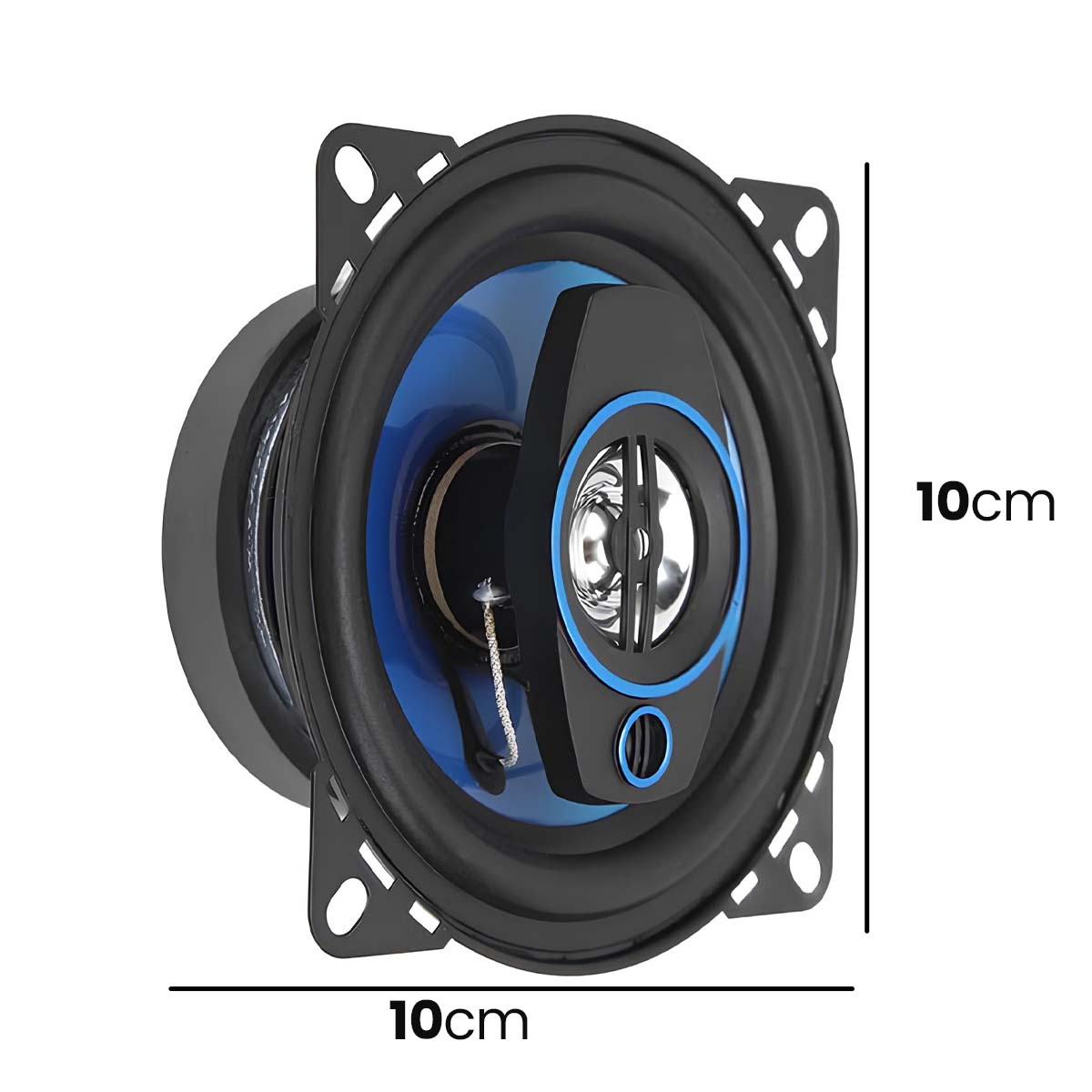 Un haut-parleur de 10 cm avec cadre noir et cône bleu.
