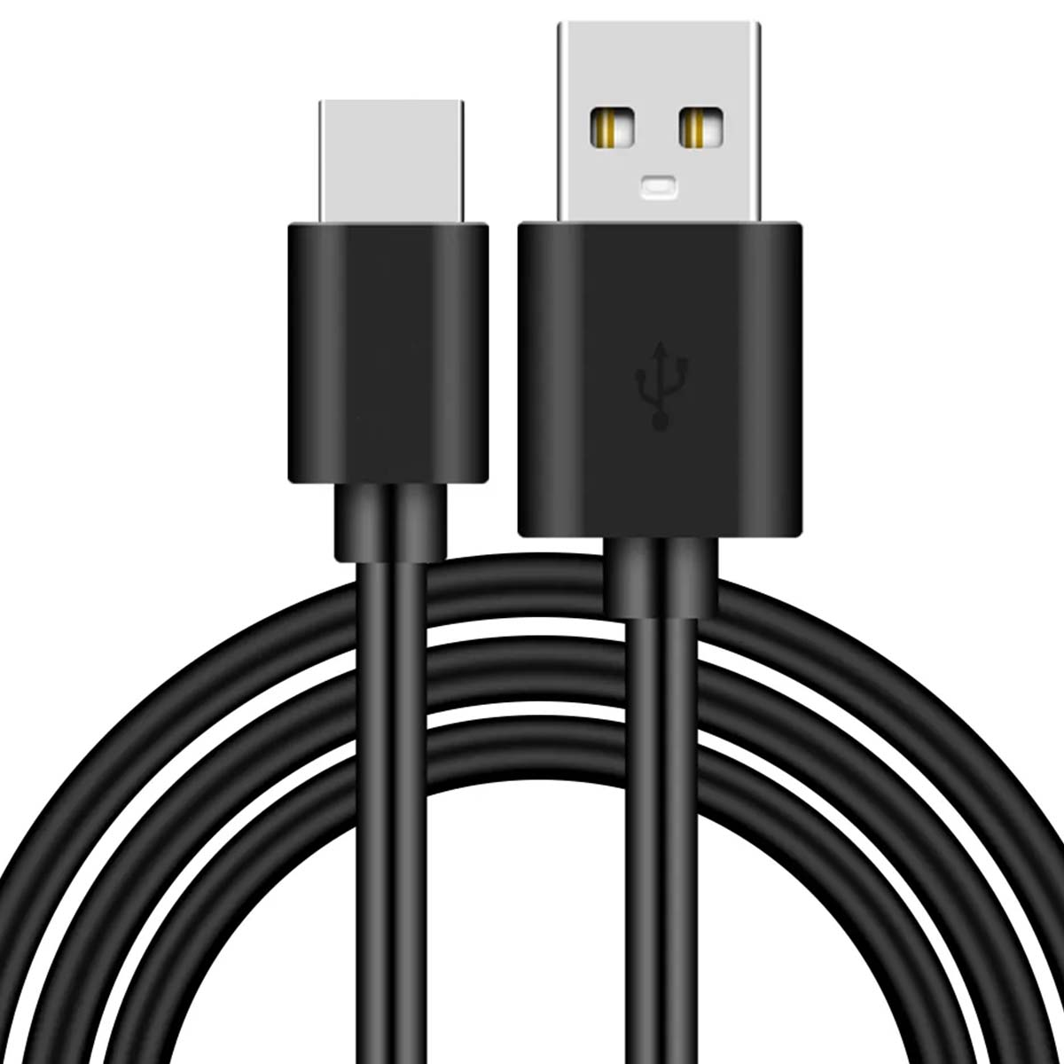 Câble USB-C vers USB-A noir avec deux connecteurs et logo USB.