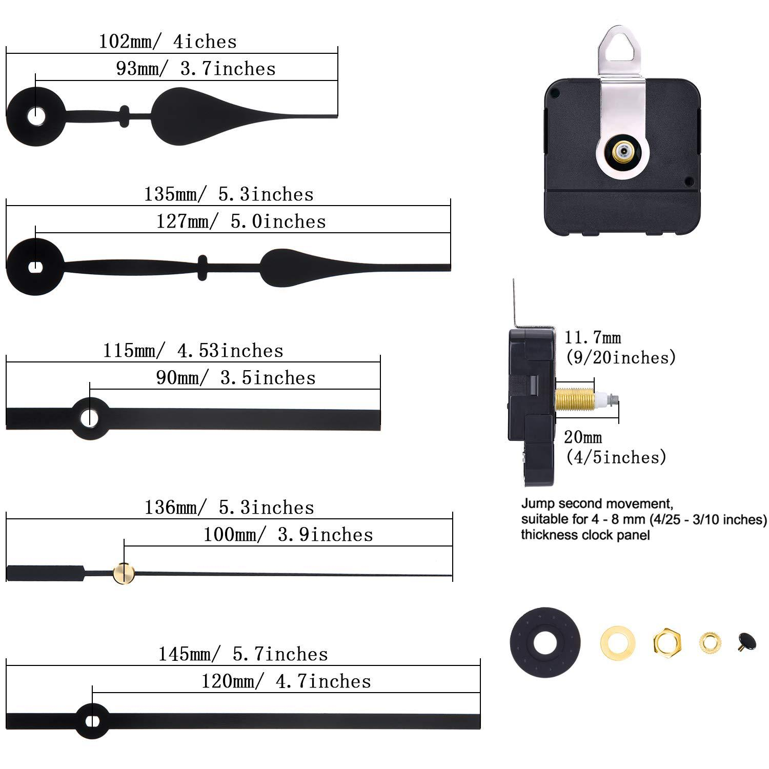 Movimento orologio con lancette nere di varie dimensioni e ferramenta. Dimensioni etichettate.