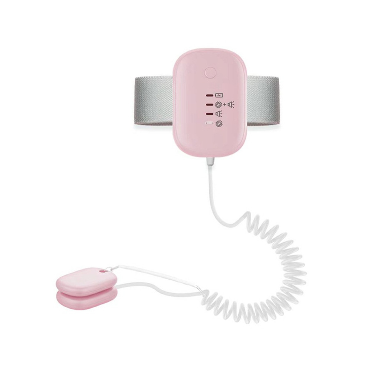 Rosa fetales Doppler-Gerät mit grauem Gurt, gewellter weißer Schnur und zwei rosa Sensoren.