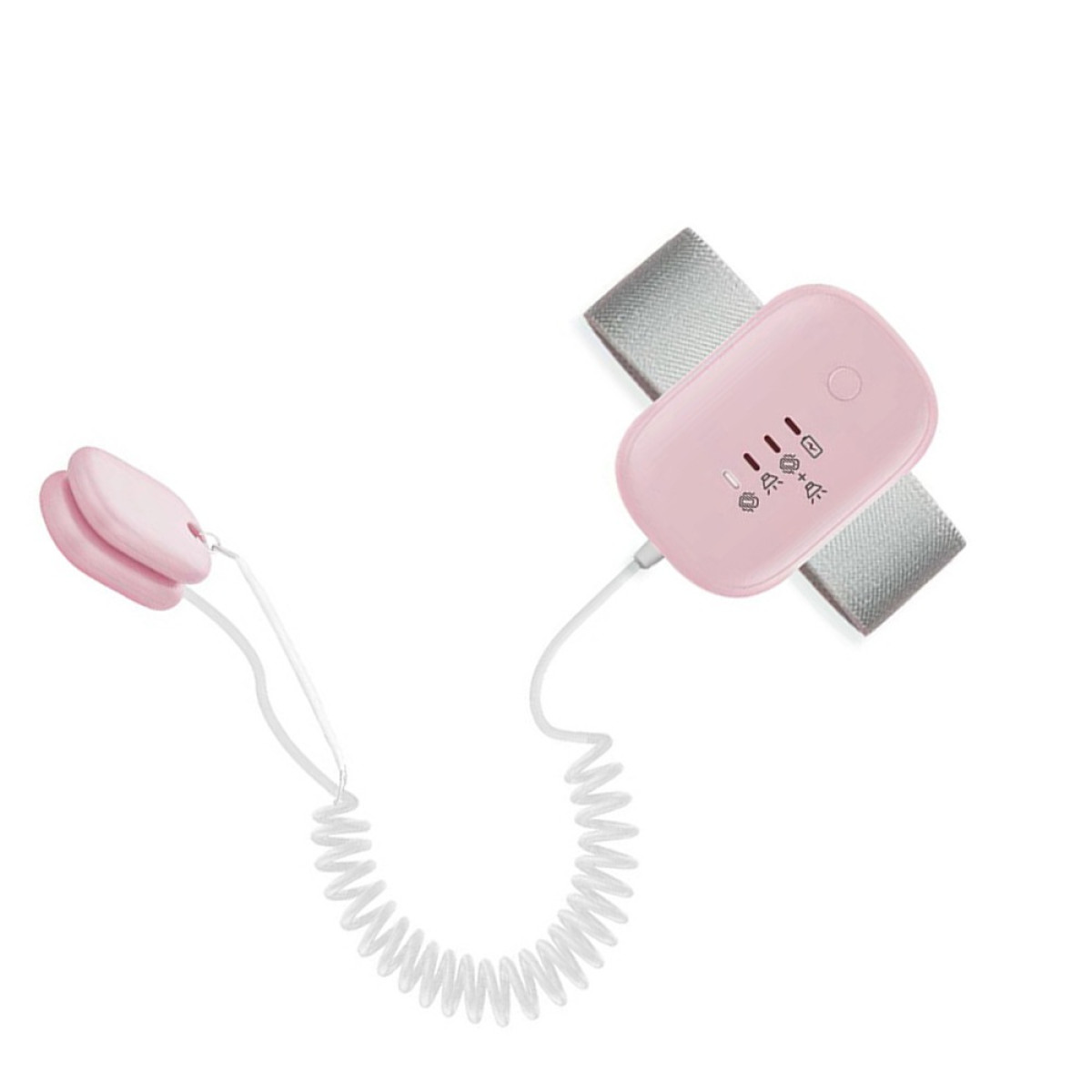 Ein rosa Babyphone mit einem Sensor und einem Armband auf weißem Hintergrund.
