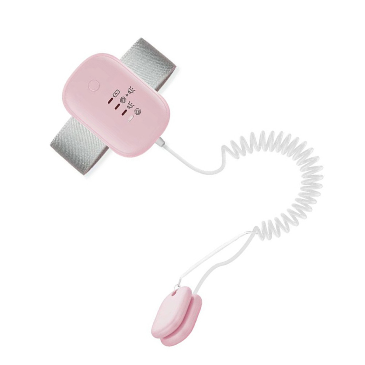 Pinker Babyfon mit Handgelenkband und Spiralkabel, das zu zwei kleinen rosa Sensoren führt.