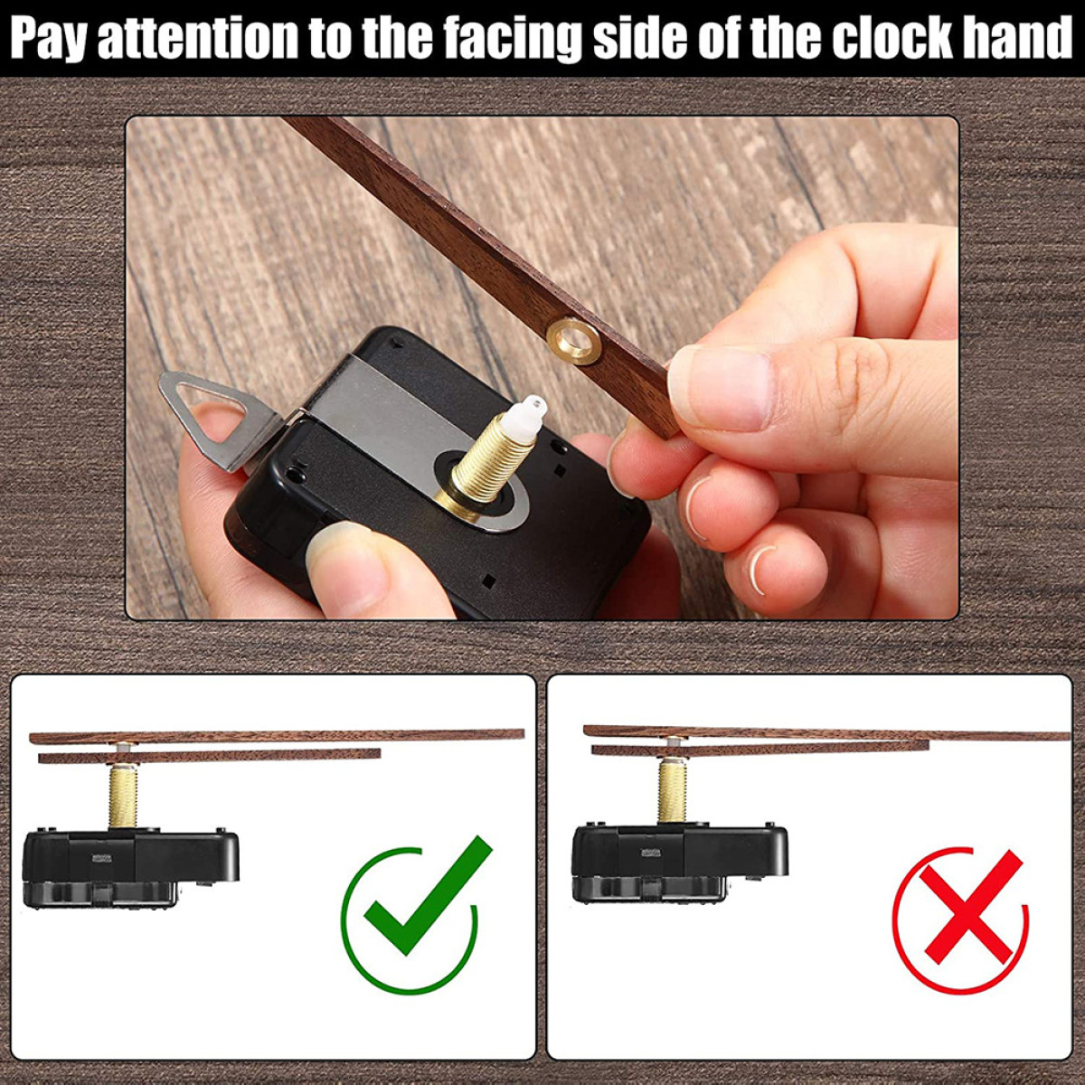 Mechanizm zegara ze wskazówkami. Góra pokazuje mocowanie. Dół pokazuje poprawne i błędne umieszczenie wskazówek.