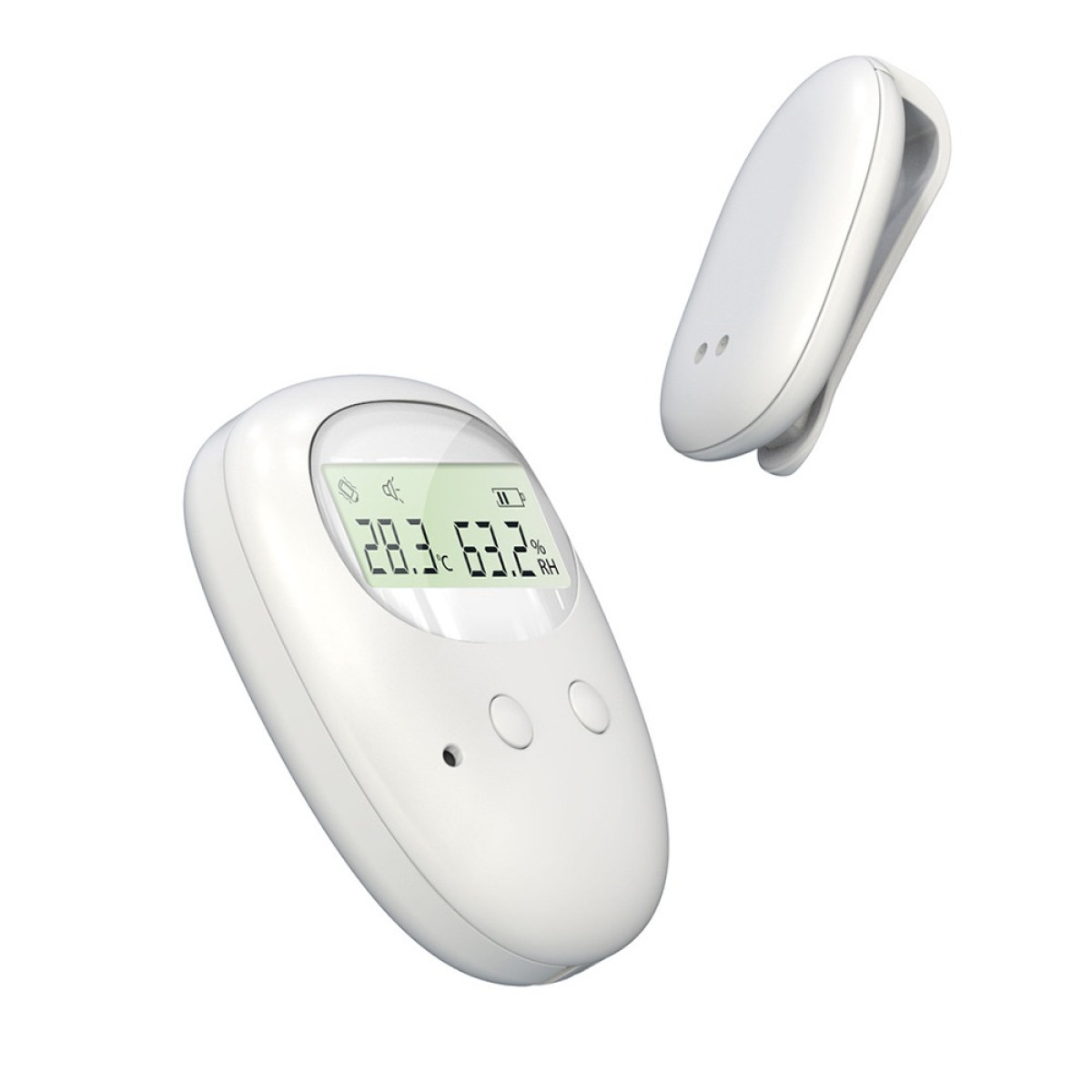 Ein weißes digitales Thermometer zeigt 28,3°C und 63,2% RH an. Daneben ein Clip.