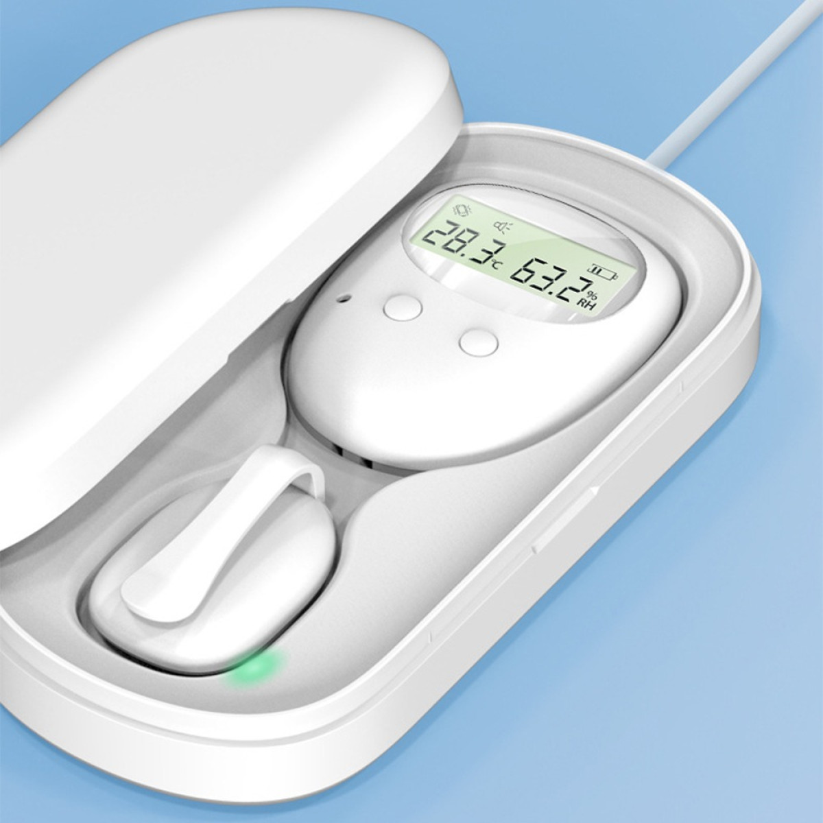 Ein weißes digitales Messgerät in einer weißen Hülle zeigt 28,3°C und 63,2% RH an.