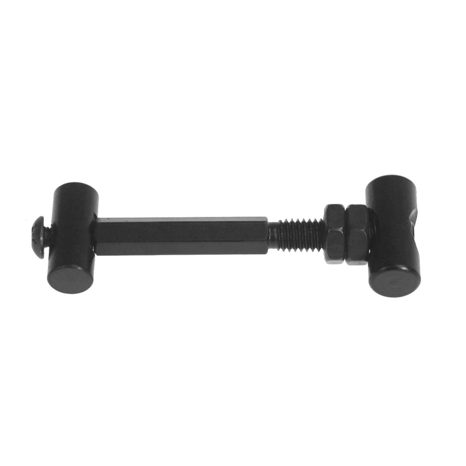 Czarny metalowy napinacz z sześciokątnym korpusem, prętem gwintowanym i dwiema nakrętkami.