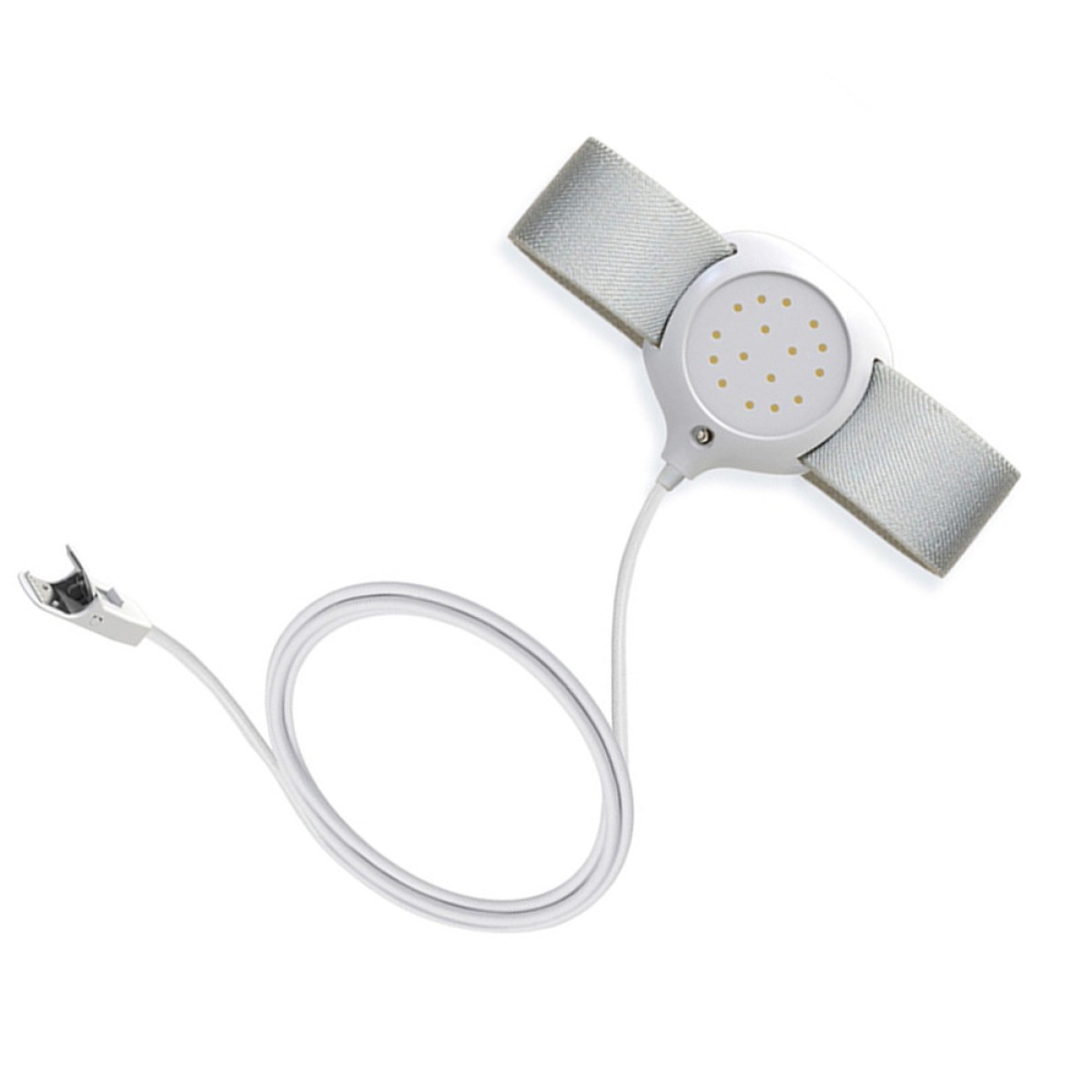 Ein weißes medizinisches Gerät mit Kabel und Klemme, mit einem silbernen Armband.