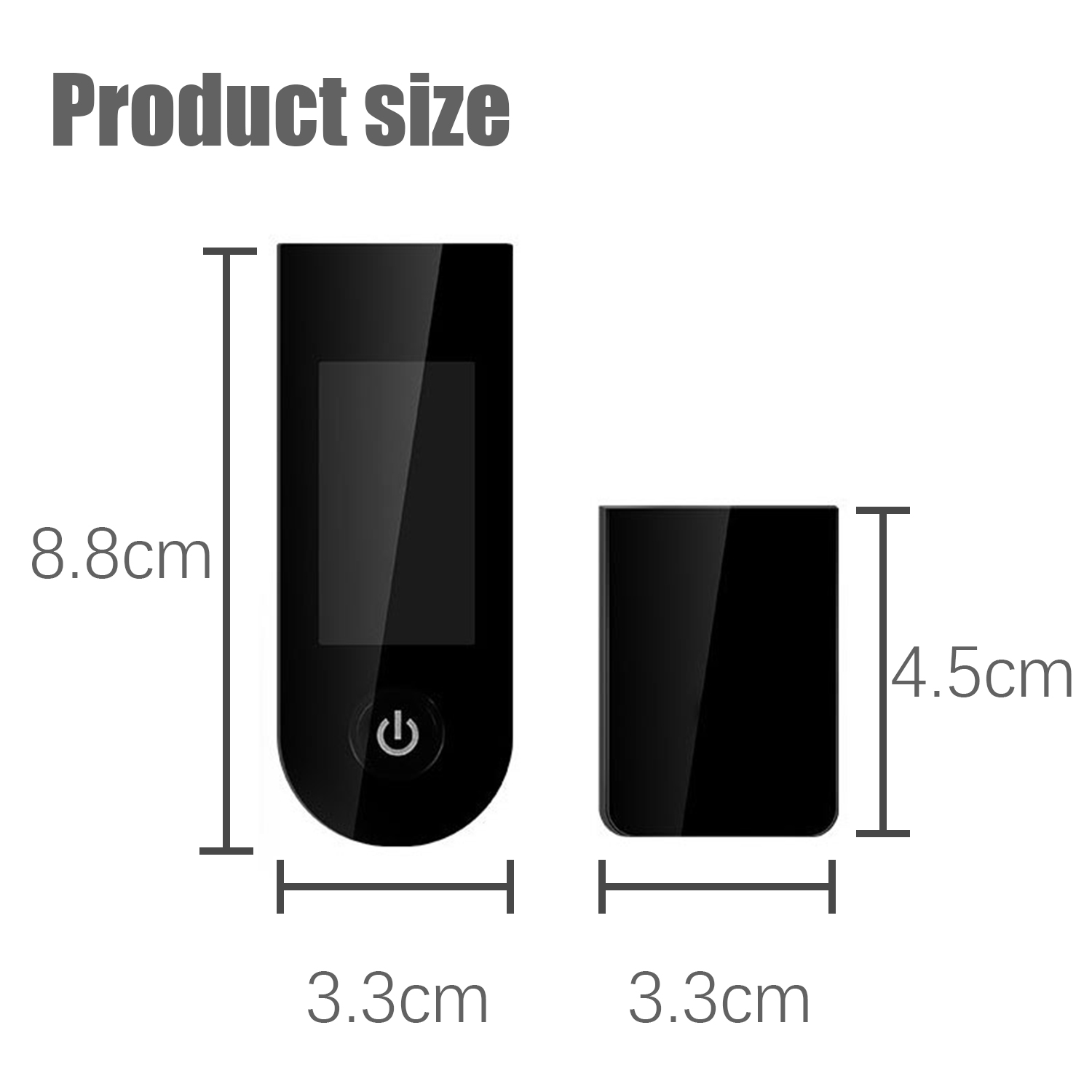 Diagram rozmiaru produktu pokazuje dwa czarne urządzenia elektroniczne z wymiarami.