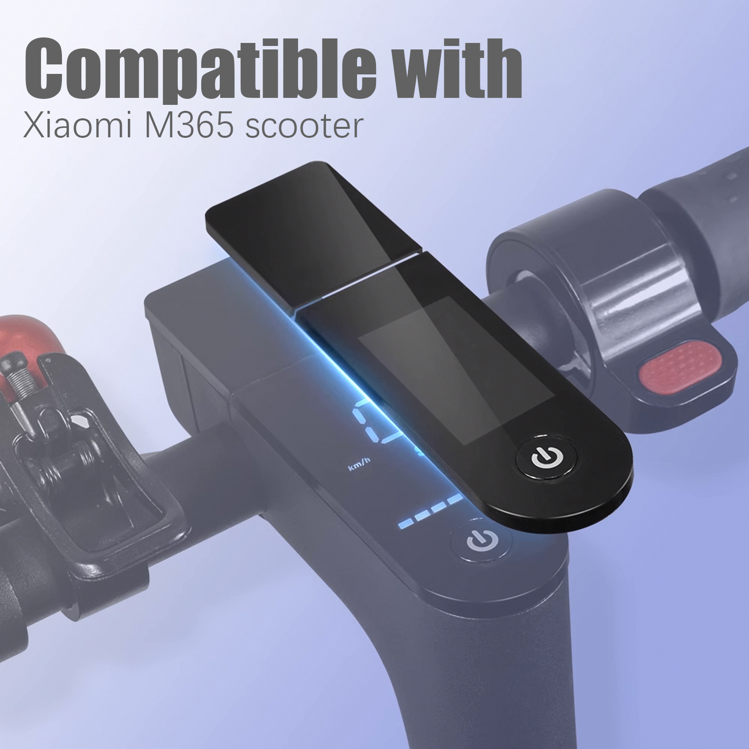 Zbliżenie na czarny wyświetlacz hulajnogi Xiaomi M365 z przyciskiem zasilania.