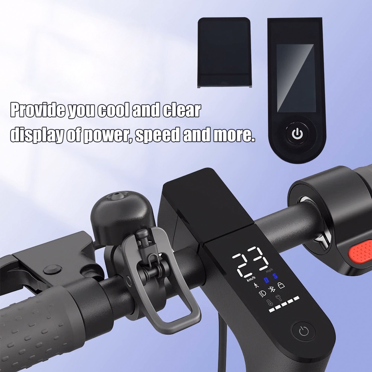 Wyświetlacz hulajnogi elektrycznej pokazuje 23 km/h i ikony.