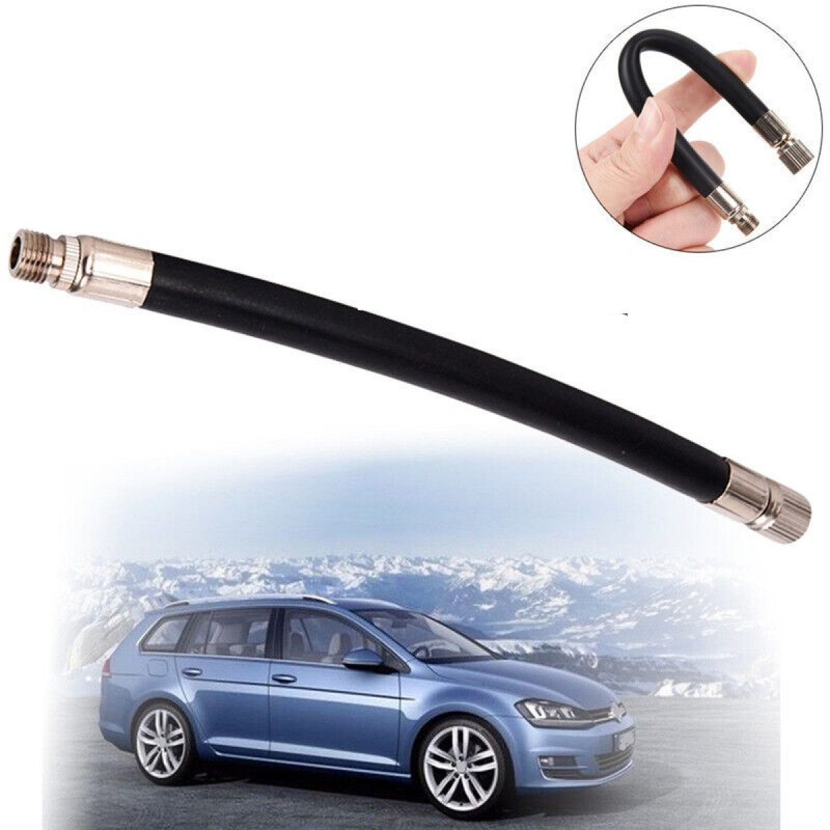 Czarny wąż powietrzny z metalowymi złączami, pokazany z niebieskim samochodem i ośnieżonymi górami.