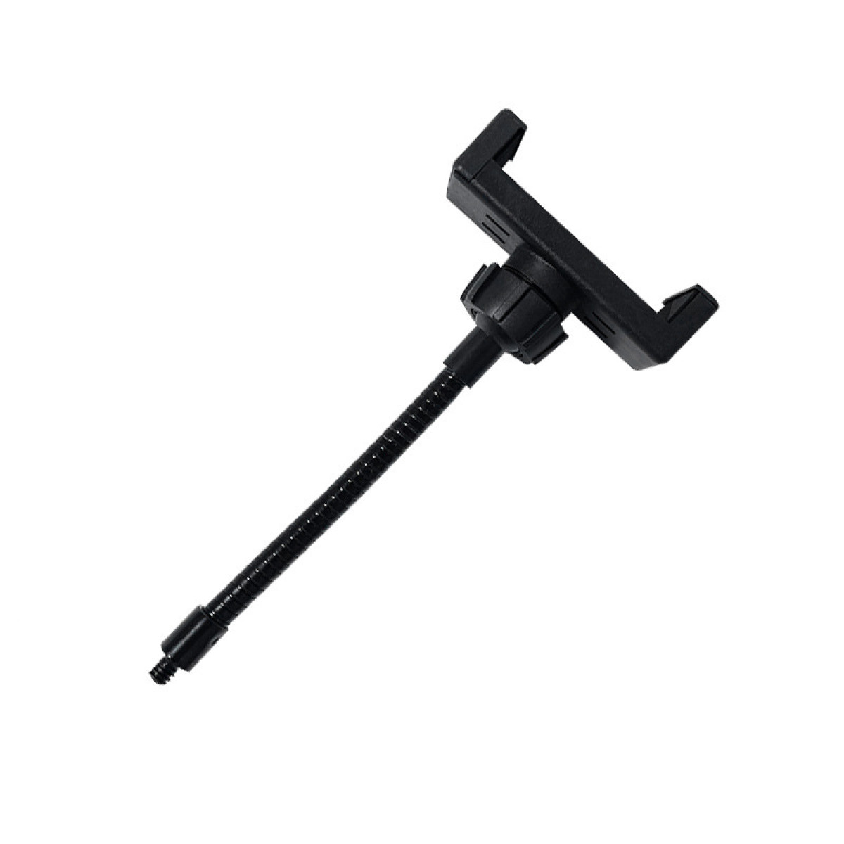 Czarny elastyczny uchwyt na telefon z gęsią szyją i regulowanym chwytem na białym tle.