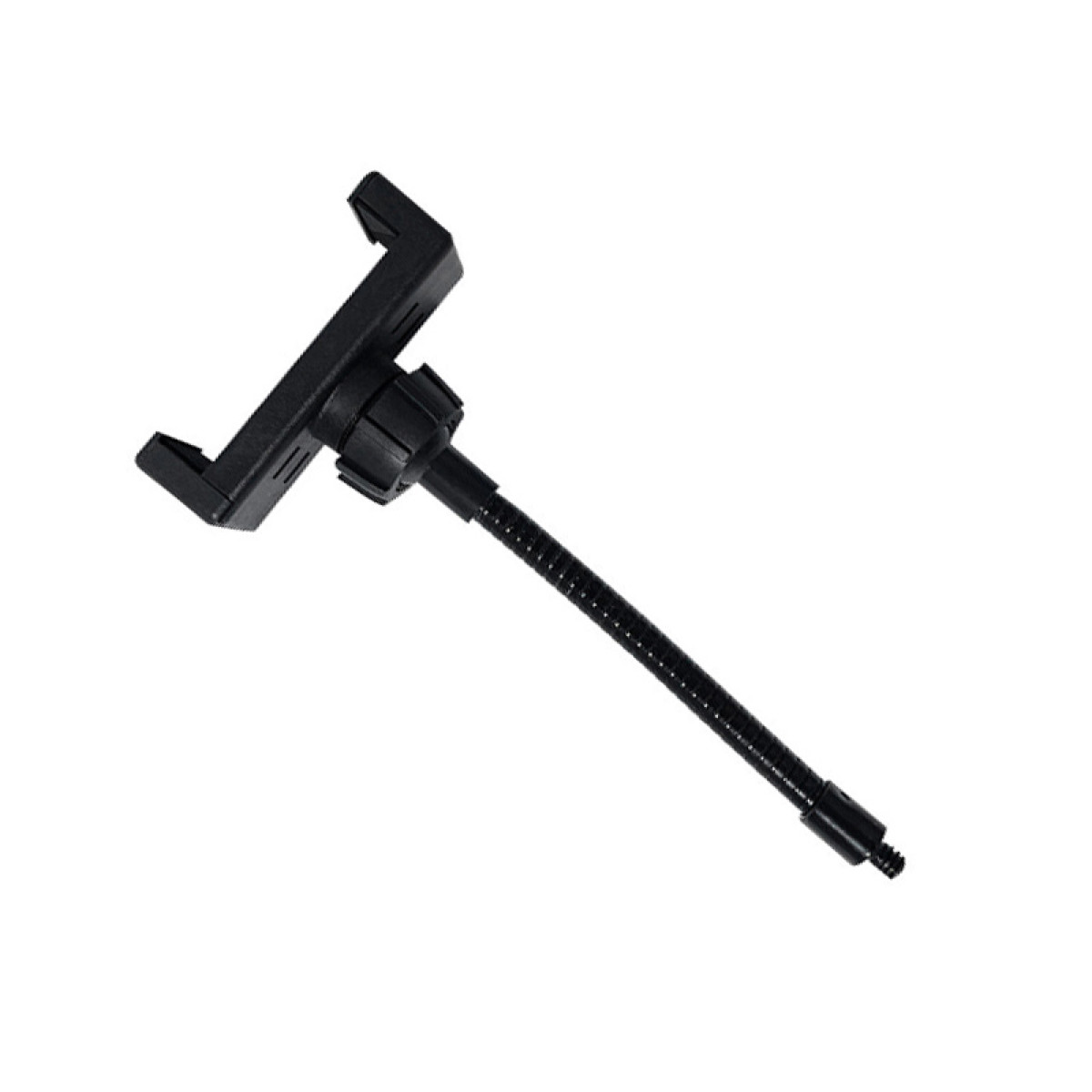 Czarny uchwyt na telefon z elastyczną szyjką gęsią i regulowanym zaciskiem.