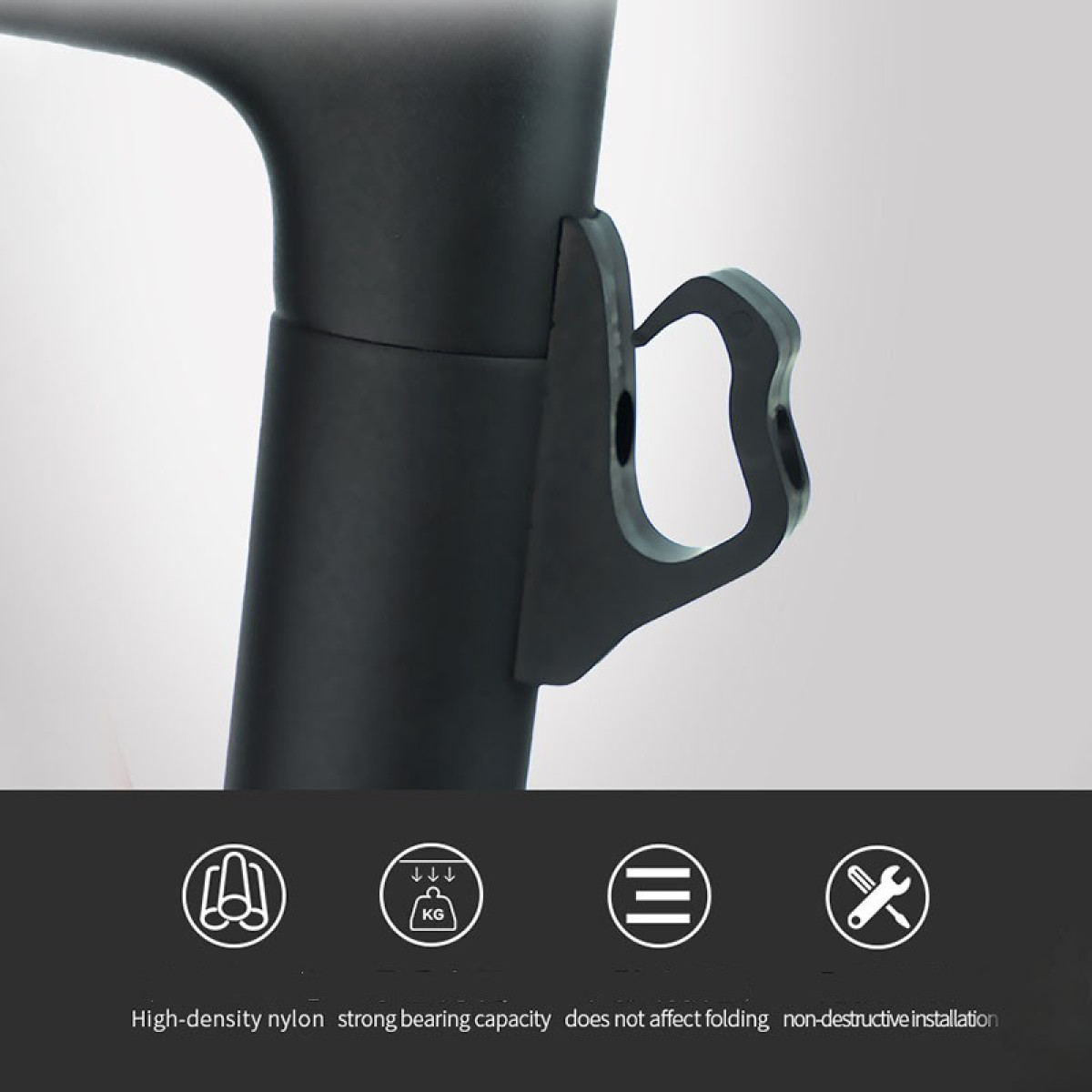 Czarna część ramy z hakiem. Ikony pokazują wagę i narzędzia. Tekst wspomina nylon, nośność, składanie, instalację.