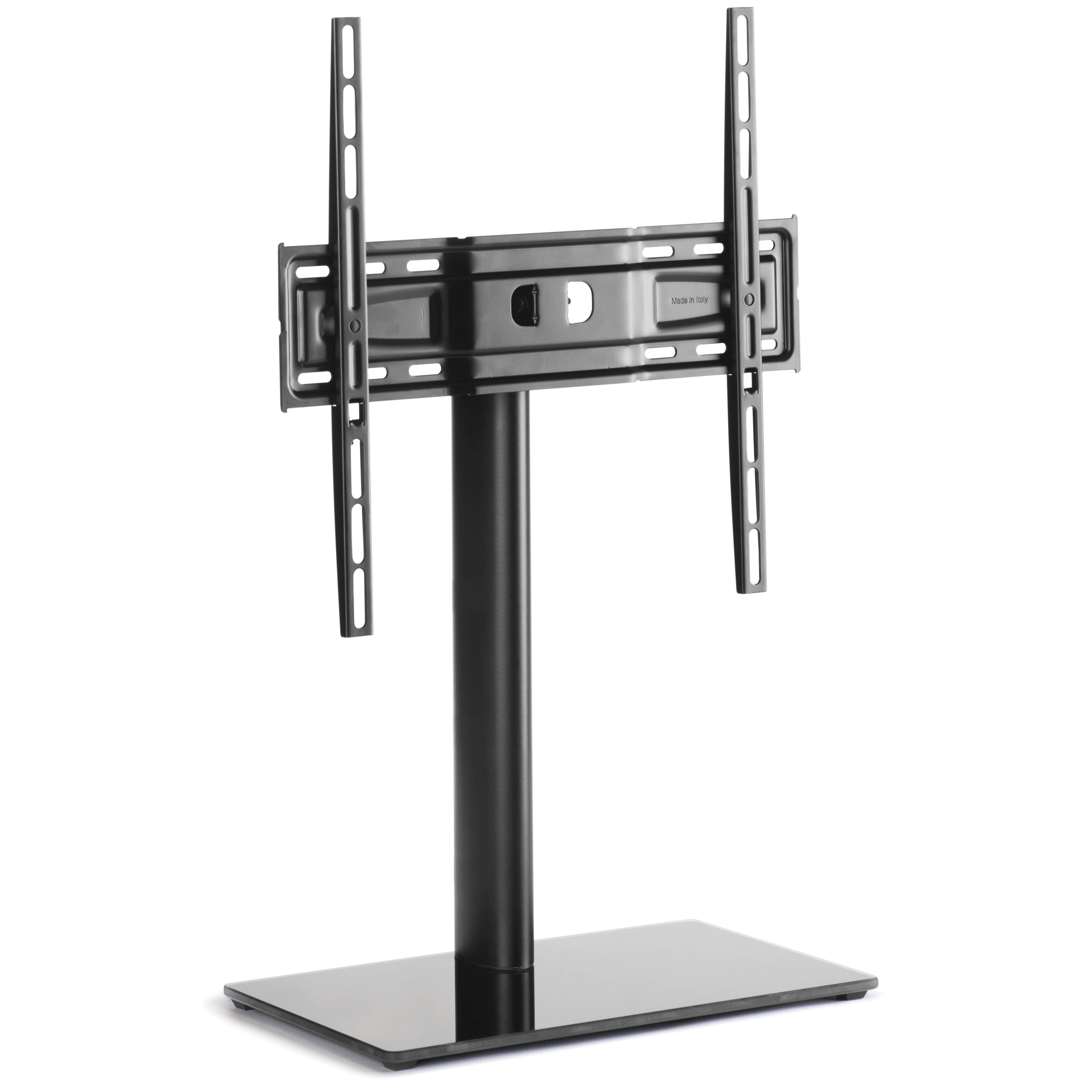 Un support TV noir en métal avec une base en verre est montré sur fond blanc.