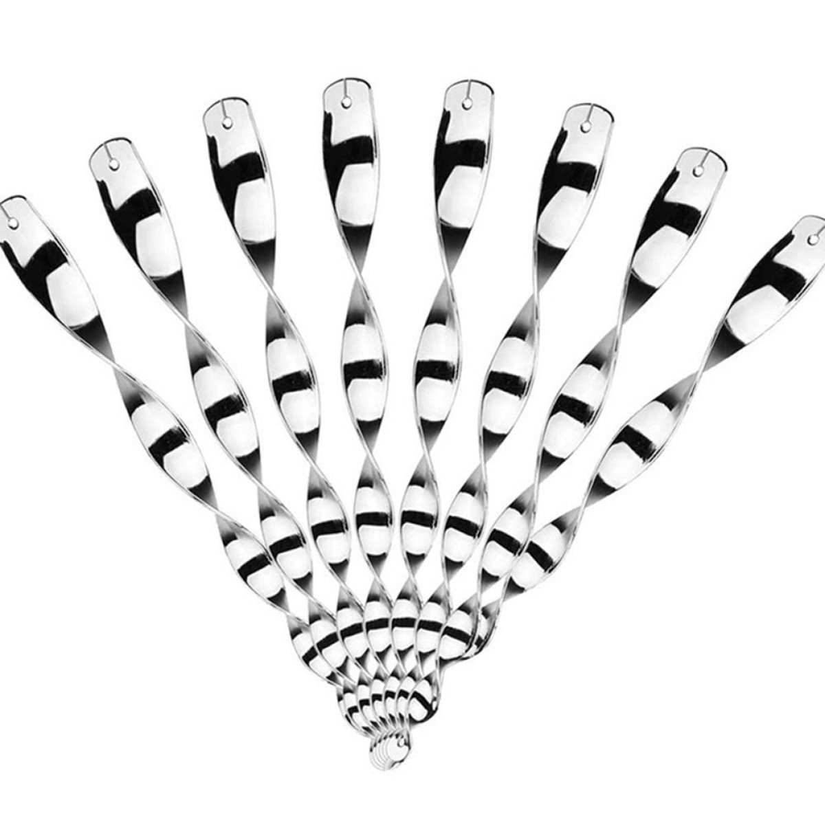 A fan of ten silver swizzle sticks with black stripes, arranged in a curve.
