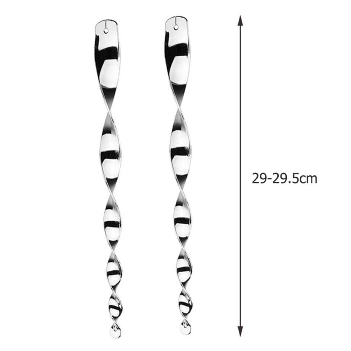 A pair of long, silver, spiral drop earrings with a 29-29.5cm measurement.