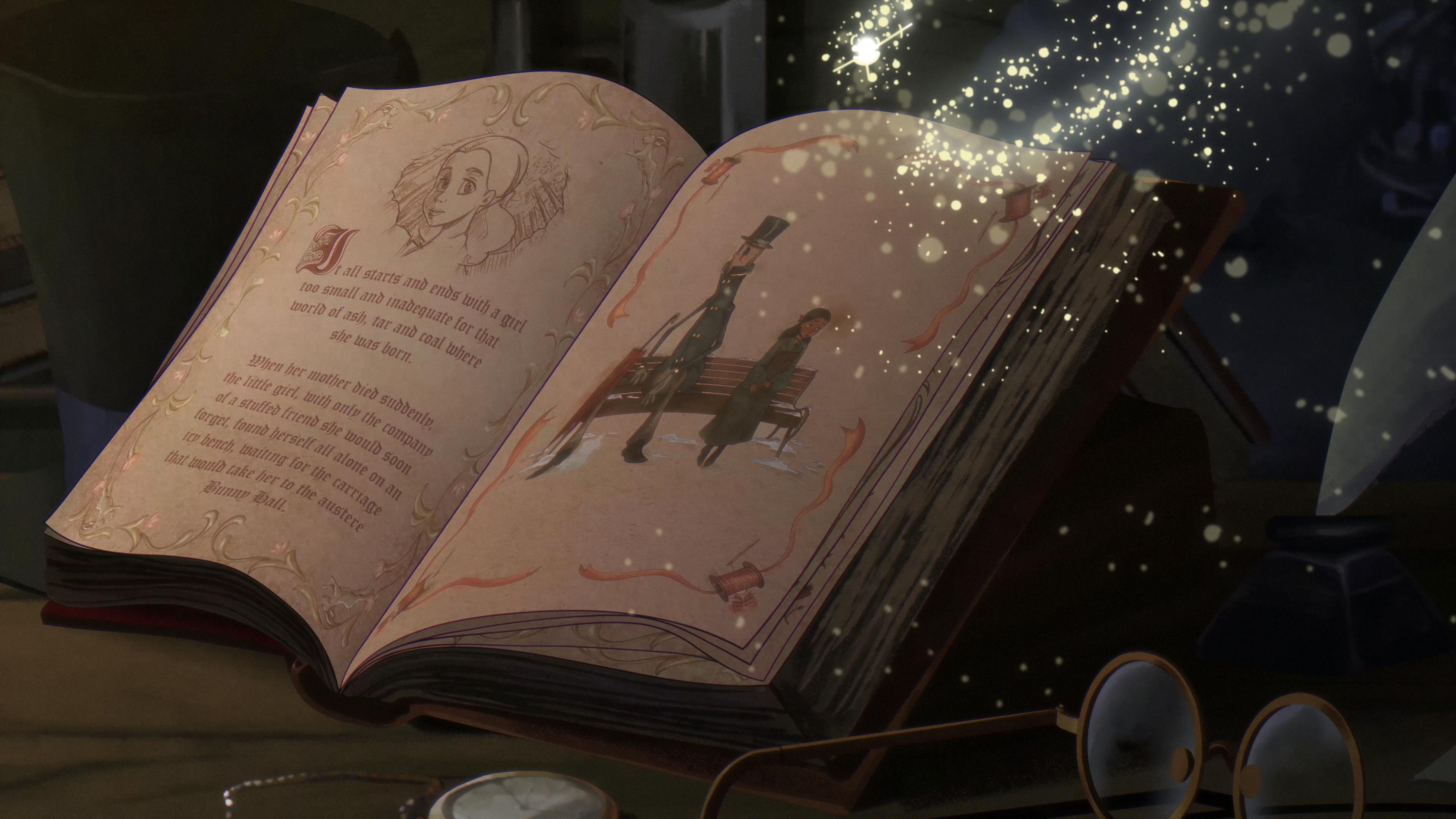 Un libro aperto con illustrazioni e testo, circondato da particelle luminose.
