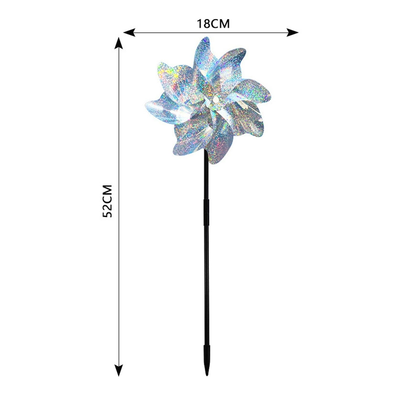 Holograficzny wiatraczek z czarnym patykiem, długi na 52 cm, szeroki na 18 cm.